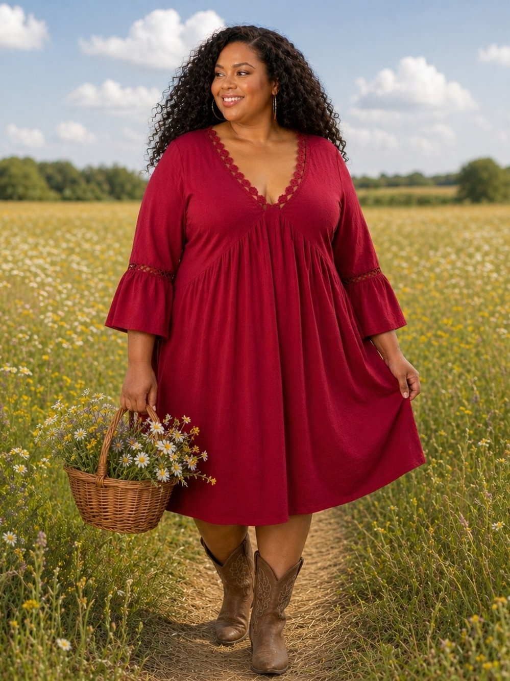 Plus Size Burgundy V-Neck Lace Trim Babydoll Dress